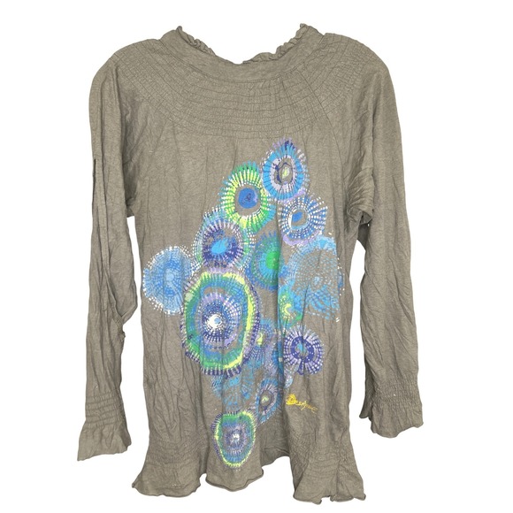 Desigual Tops - Desigual SMALL Gray Long Sleeve Smocked graphic Neckline Ruffled Hem floral Top‎